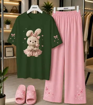 2 Pcs Women's Stitched Cotton Jersey Printed Night Suit thumbnail 3