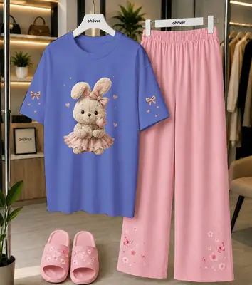 2 Pcs Women's Stitched Cotton Jersey Printed Night Suit thumbnail 3