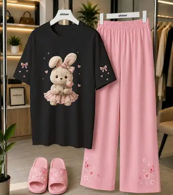 2 Pcs Women's Stitched Cotton Jersey Printed Night Suit thumbnail 3