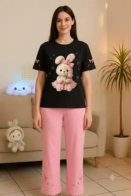 2 Pcs Women's Stitched Cotton Jersey Printed Night Suit thumbnail 4