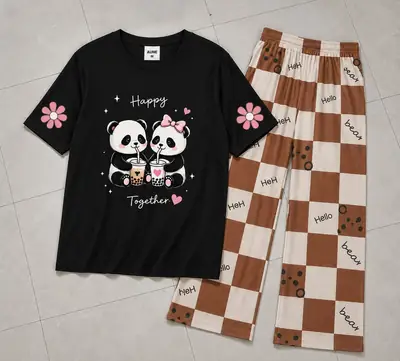 2 Pcs Women's Stitched Cotton Jersey Printed Night Suit thumbnail 3