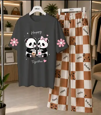 2 Pcs Women's Stitched Cotton Jersey Printed Night Suit thumbnail 3