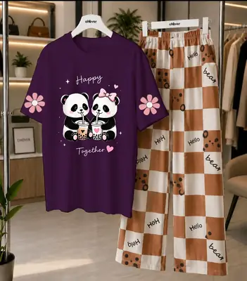2 Pcs Women's Stitched Cotton Jersey Printed Night Suit thumbnail 3