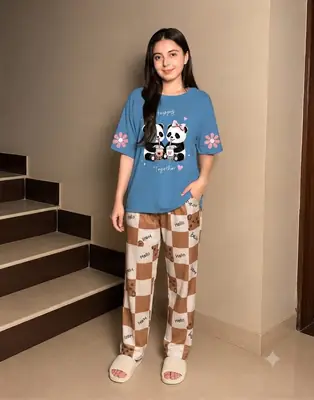 2 Pcs Women's Stitched Cotton Jersey Printed Night Suit thumbnail 4