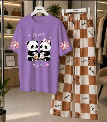 2 Pcs Women's Stitched Cotton Jersey Printed Night Suit thumbnail 3