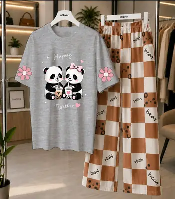 2 Pcs Women's Stitched Cotton Jersey Printed Night Suit thumbnail 3
