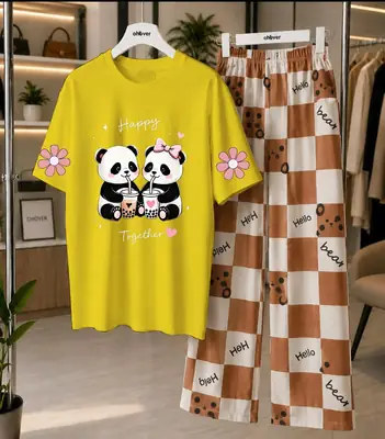 2 Pcs Women's Stitched Cotton Jersey Printed Night Suit thumbnail 3