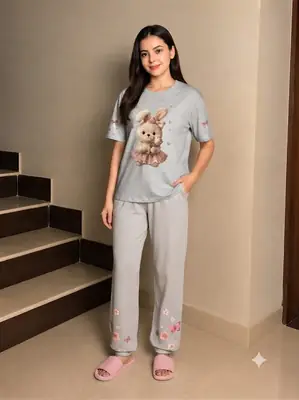 2 Pcs Women's Stitched Cotton Jersey Printed Night Suit thumbnail 4