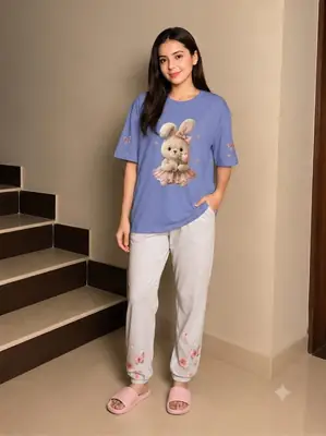 2 Pcs Women's Stitched Cotton Jersey Printed Night Suit thumbnail 4