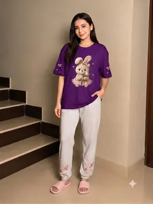 2 Pcs Women's Stitched Cotton Jersey Printed Night Suit thumbnail 4