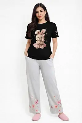 2 Pcs Women's Stitched Cotton Jersey Printed Night Suit thumbnail 4