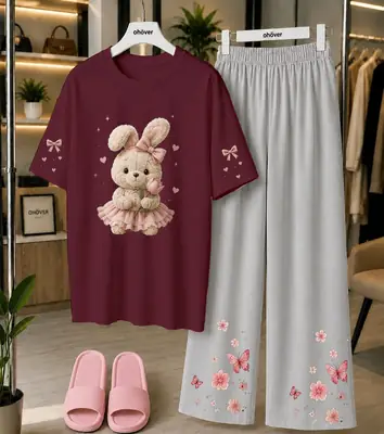2 Pcs Women's Stitched Cotton Jersey Printed Night Suit thumbnail 3
