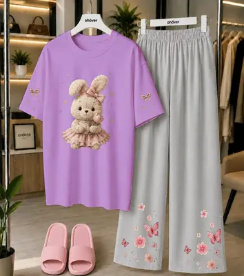 2 Pcs Women's Stitched Cotton Jersey Printed Night Suit thumbnail 3
