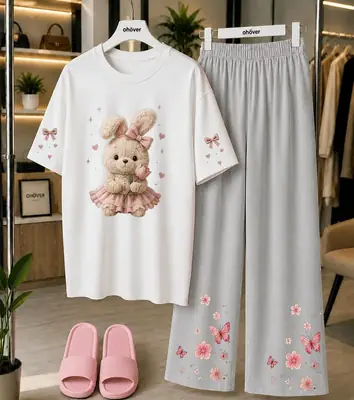 2 Pcs Women's Stitched Cotton Jersey Printed Night Suit thumbnail 3