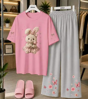 2 Pcs Women's Stitched Cotton Jersey Printed Night Suit thumbnail 3