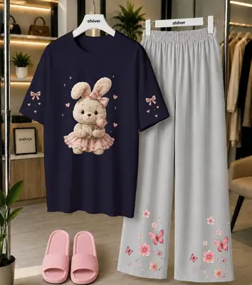 2 Pcs Women's Stitched Cotton Jersey Printed Night Suit thumbnail 3