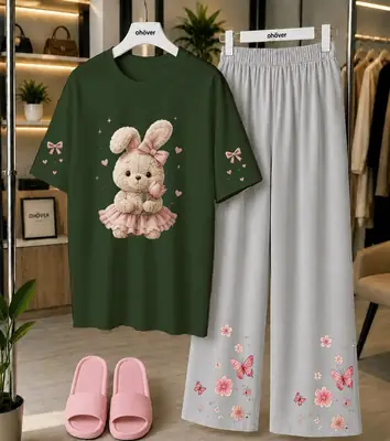 2 Pcs Women's Stitched Cotton Jersey Printed Night Suit thumbnail 3