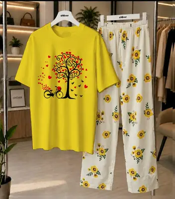 2 Pcs Women's Stitched Cotton Jersey Printed Night Suit thumbnail 3