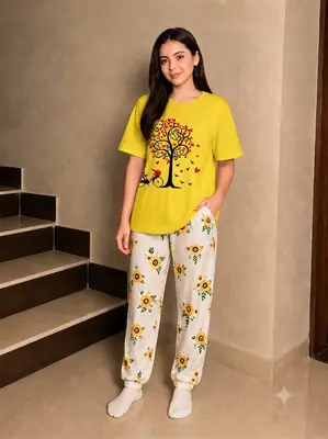 2 Pcs Women's Stitched Cotton Jersey Printed Night Suit thumbnail 4