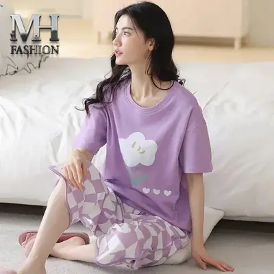 2 Pcs Women's Stitched Jersey Printed Night Suit