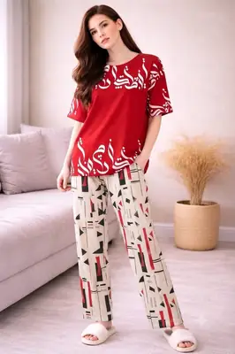 2 Pcs Women's Stitched Jersey Printed Night Suit thumbnail 3