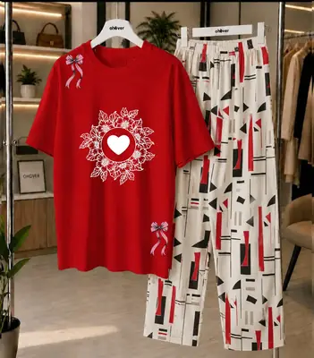 2 Pcs Women's Stitched Jersey Printed Night Suit thumbnail 2