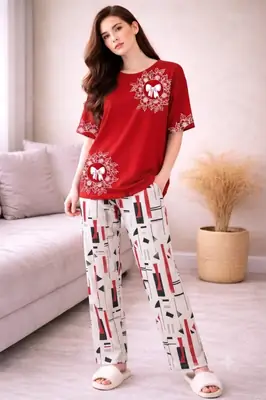 2 Pcs Women's Stitched Jersey Printed Night Suit thumbnail 3