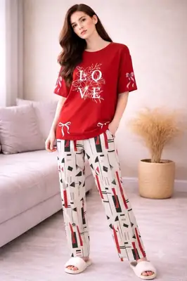 2 Pcs Women's Stitched Jersey Printed Night Suit