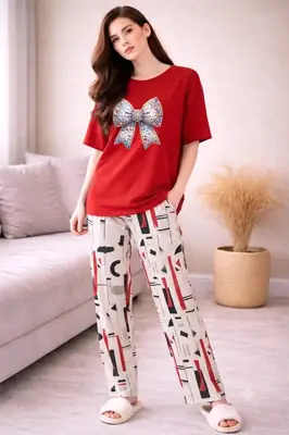2 Pcs Women's Stitched Jersey Printed Night Suit