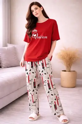 2 Pcs Women's Stitched Jersey Printed Night Suit thumbnail 3