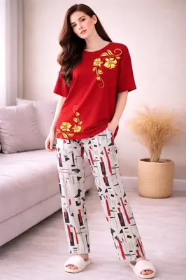 2 Pcs Women's Stitched Jersey Printed Night Suit thumbnail 3