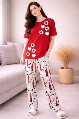 2 Pcs Women's Stitched Jersey Printed Night Suit thumbnail 3