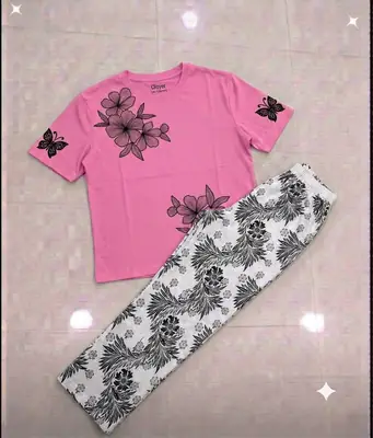 2 Pcs Women's Stitched Cotton Jersey Printed Night Suit thumbnail 3