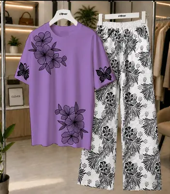 2 Pcs Women's Stitched Cotton Jersey Printed Night Suit thumbnail 3