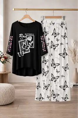 2 Pcs Women's Stitched Cotton Jersey Printed Night Suit thumbnail 3