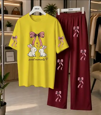 2 Pcs Women's Stitched Cotton Jersey Printed Night Suit thumbnail 4