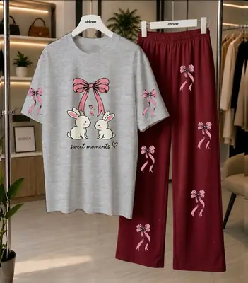 2 Pcs Women's Stitched Cotton Jersey Printed Night Suit thumbnail 4