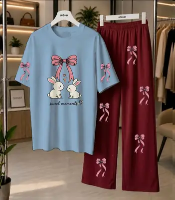 2 Pcs Women's Stitched Cotton Jersey Printed Night Suit thumbnail 4