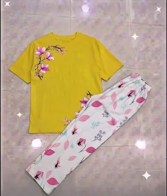 2 Pcs Women's Stitched Cotton Jersey Printed Night Suit thumbnail 3