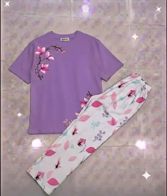 2 Pcs Women's Stitched Cotton Jersey Printed Night Suit thumbnail 3