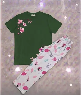 2 Pcs Women's Stitched Cotton Jersey Printed Night Suit thumbnail 3