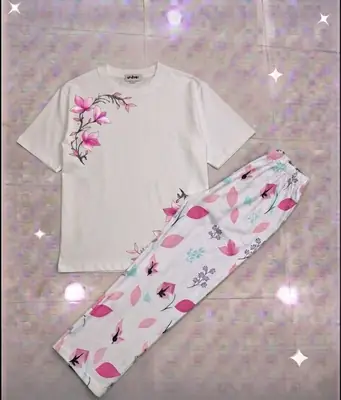 2 Pcs Women's Stitched Cotton Jersey Printed Night Suit thumbnail 3