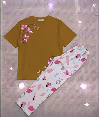 2 Pcs Women's Stitched Cotton Jersey Printed Night Suit thumbnail 3
