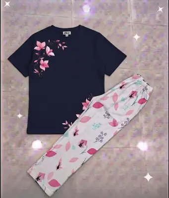 2 Pcs Women's Stitched Cotton Jersey Printed Night Suit thumbnail 3
