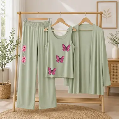 3 Pcs Women's Stitched Jersey Printed Night Suit