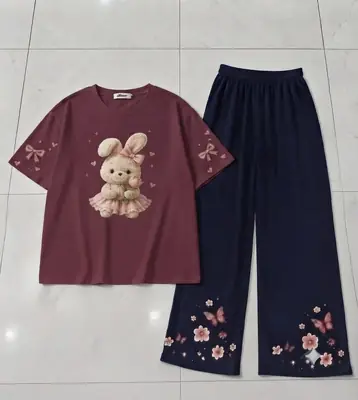 2 Pcs Women's Stitched Cotton Jersey Printed Night Suit thumbnail 3
