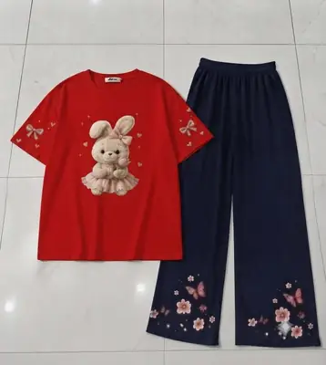 2 Pcs Women's Stitched Cotton Jersey Printed Night Suit thumbnail 3