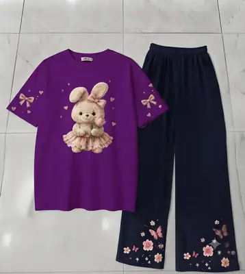 2 Pcs Women's Stitched Cotton Jersey Printed Night Suit thumbnail 3