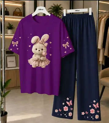 2 Pcs Women's Stitched Cotton Jersey Printed Night Suit thumbnail 4