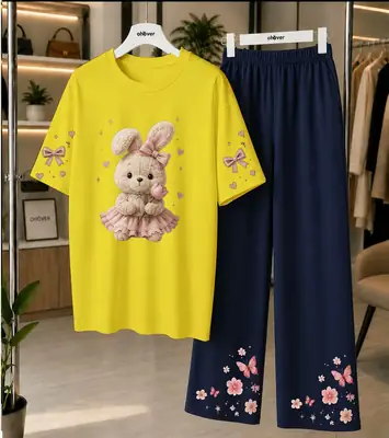2 Pcs Women's Stitched Cotton Jersey Printed Night Suit thumbnail 4